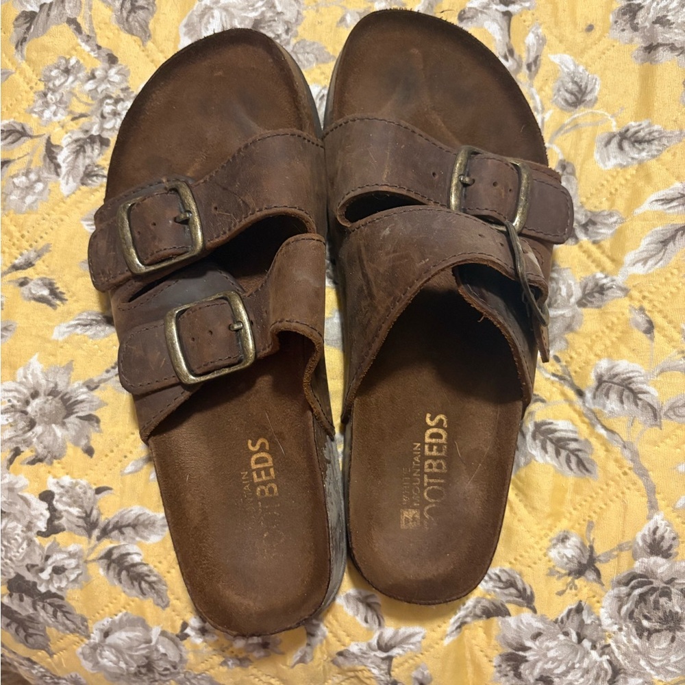 Brown Double-Buckle Leather Slide Sandals